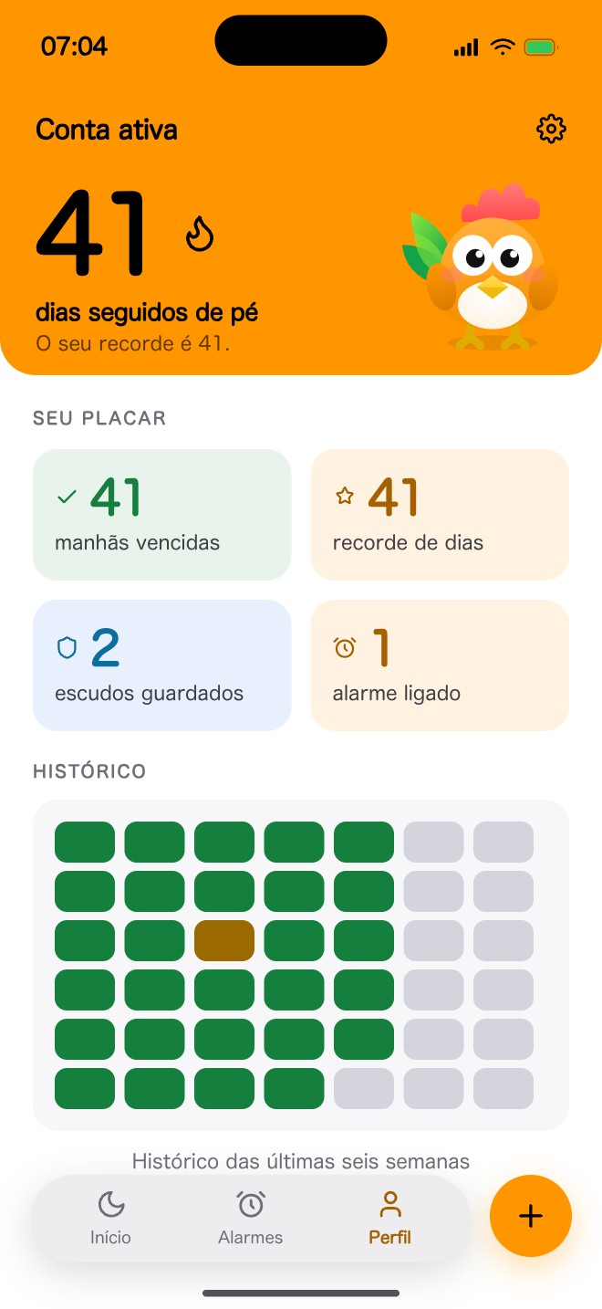 O perfil do KUKO: 41 dias seguidos de pé, o placar com manhãs vencidas, recorde e escudos, e o histórico de seis semanas.