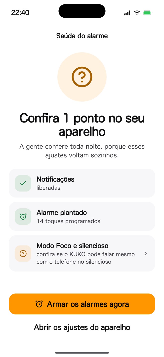 A tela Saúde do alarme, conferindo notificações liberadas, alarme plantado com 14 toques programados e o modo foco.